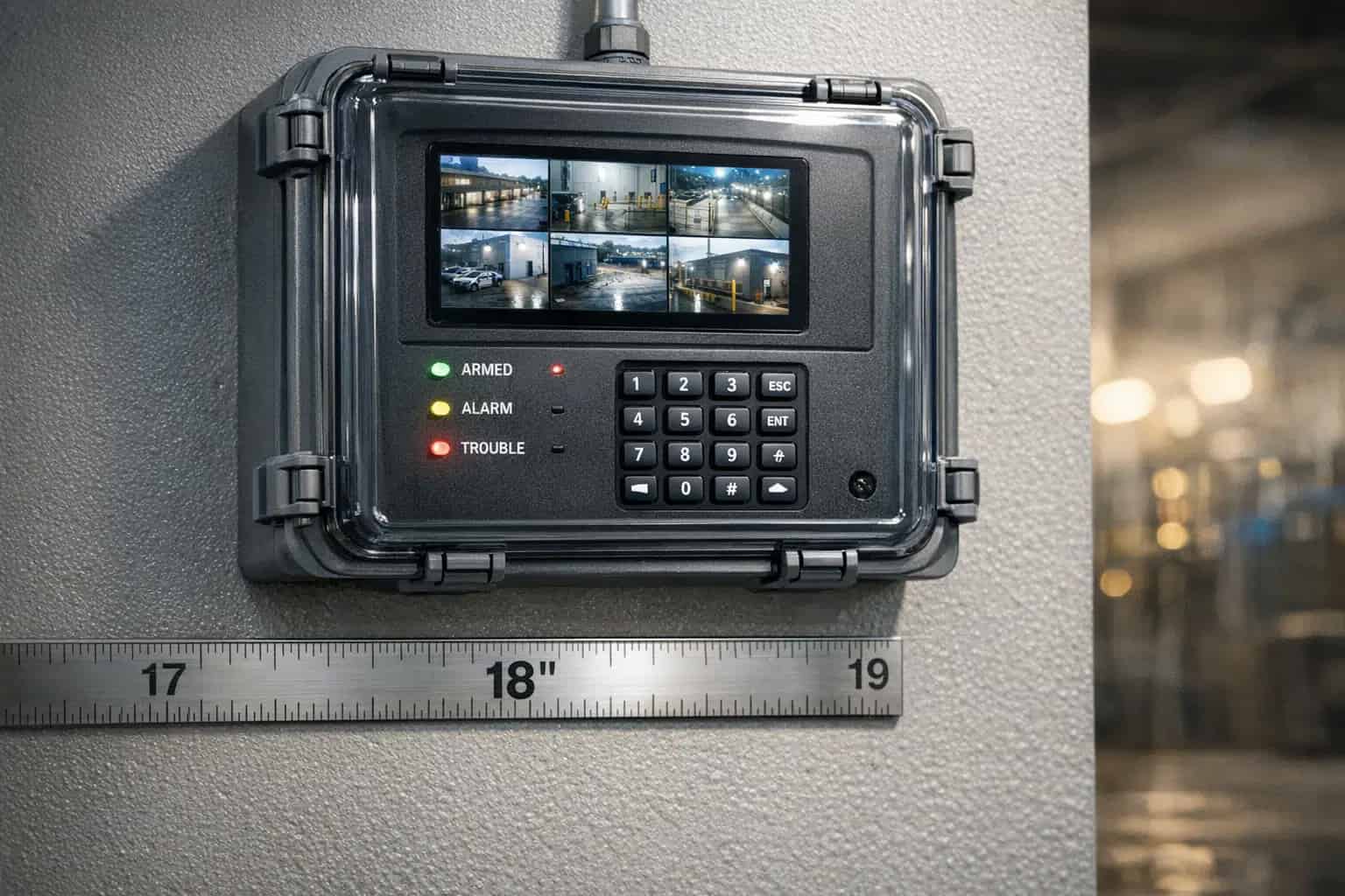 Wall-mounted security system control panel with surveillance screen
