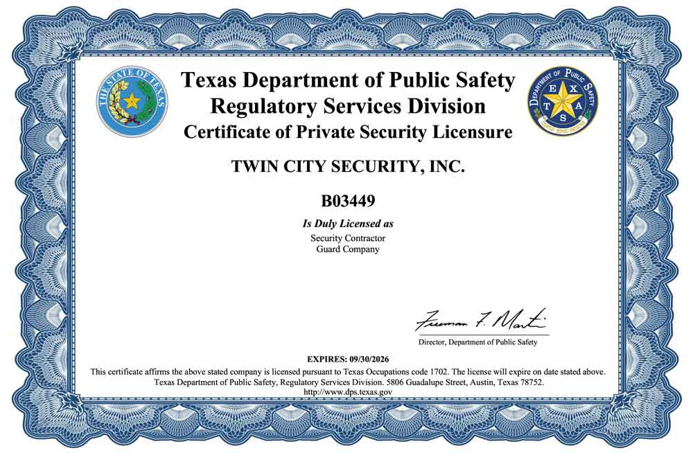 Texas security license certificate for Twin City Security. License # B03449