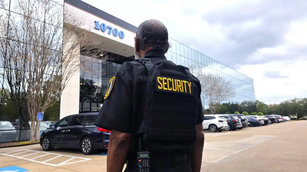 Security guard outside office building